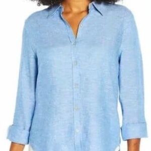 NWOT Women's Joie Heather Blue Linen Button Up Front Top Blouse Shirt LARGE
